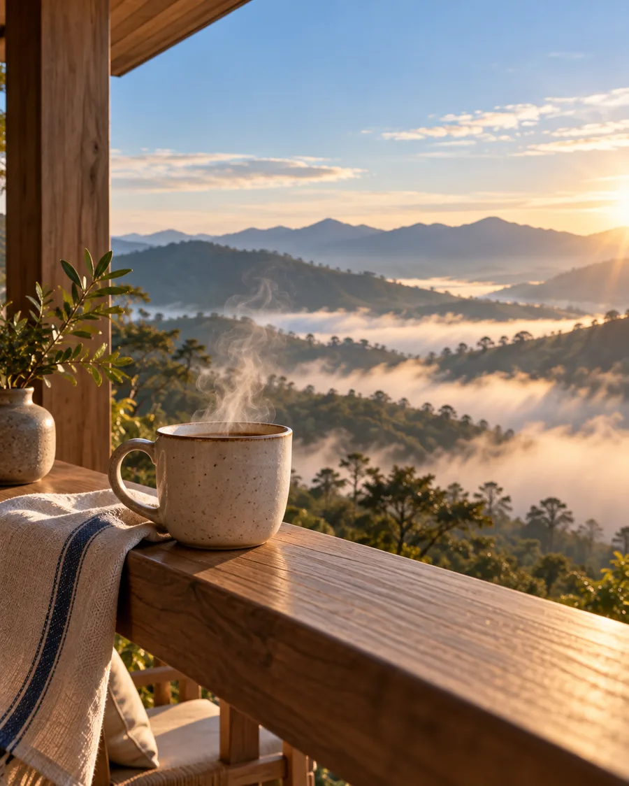 Cangkir kopi mengepul di railing kayu dengan lembah berkabut di belakangnya